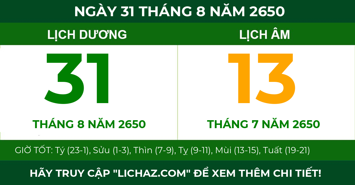 lịch âm ngày 31 tháng 8 năm 2650