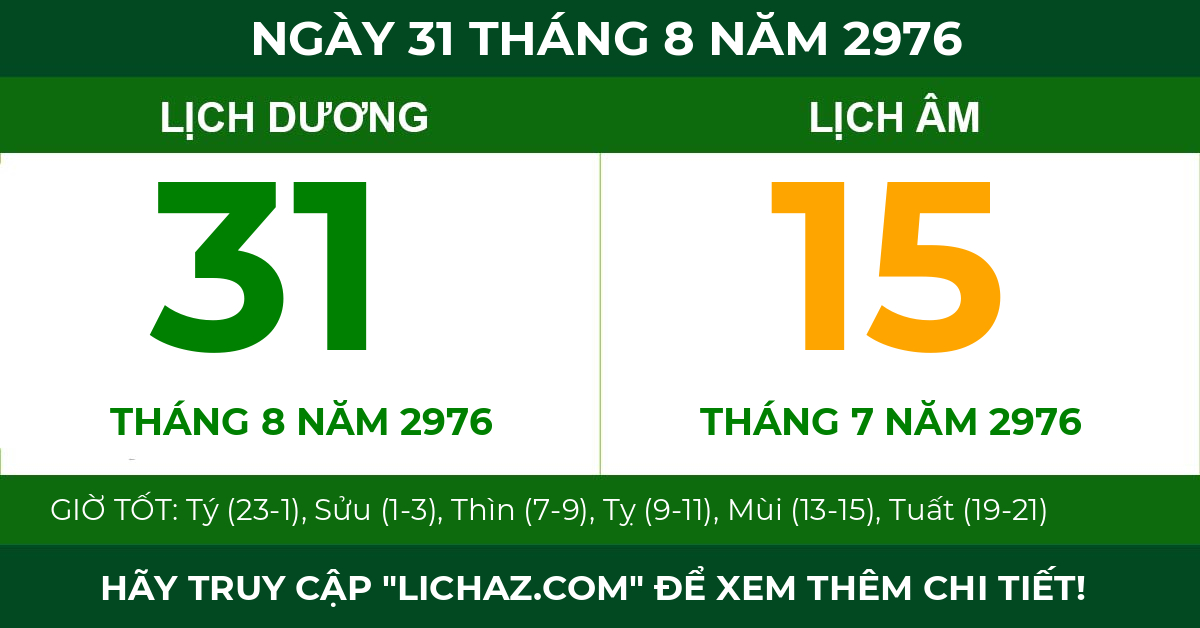 lịch âm ngày 31 tháng 8 năm 2976