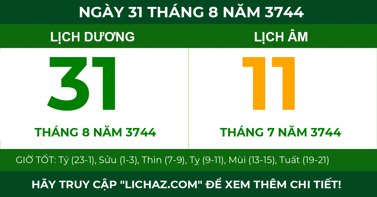 lịch âm ngày 31 tháng 8 năm 3744