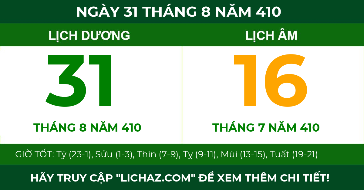 lịch âm ngày 31 tháng 8 năm 410