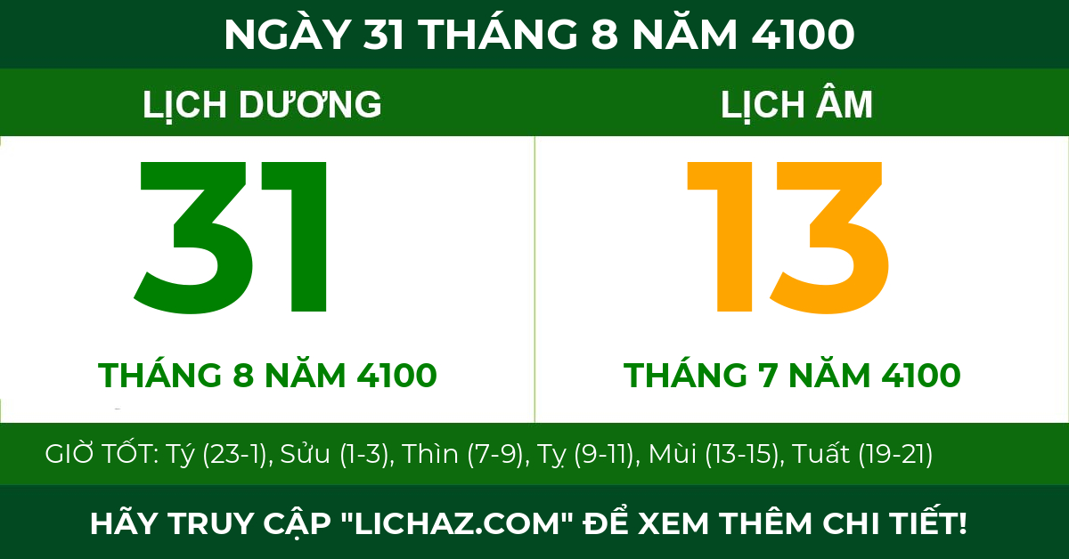 lịch âm ngày 31 tháng 8 năm 4100