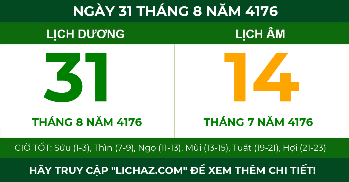 lịch âm ngày 31 tháng 8 năm 4176