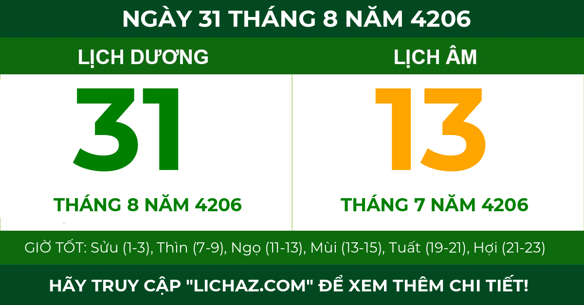 lịch âm ngày 31 tháng 8 năm 4206
