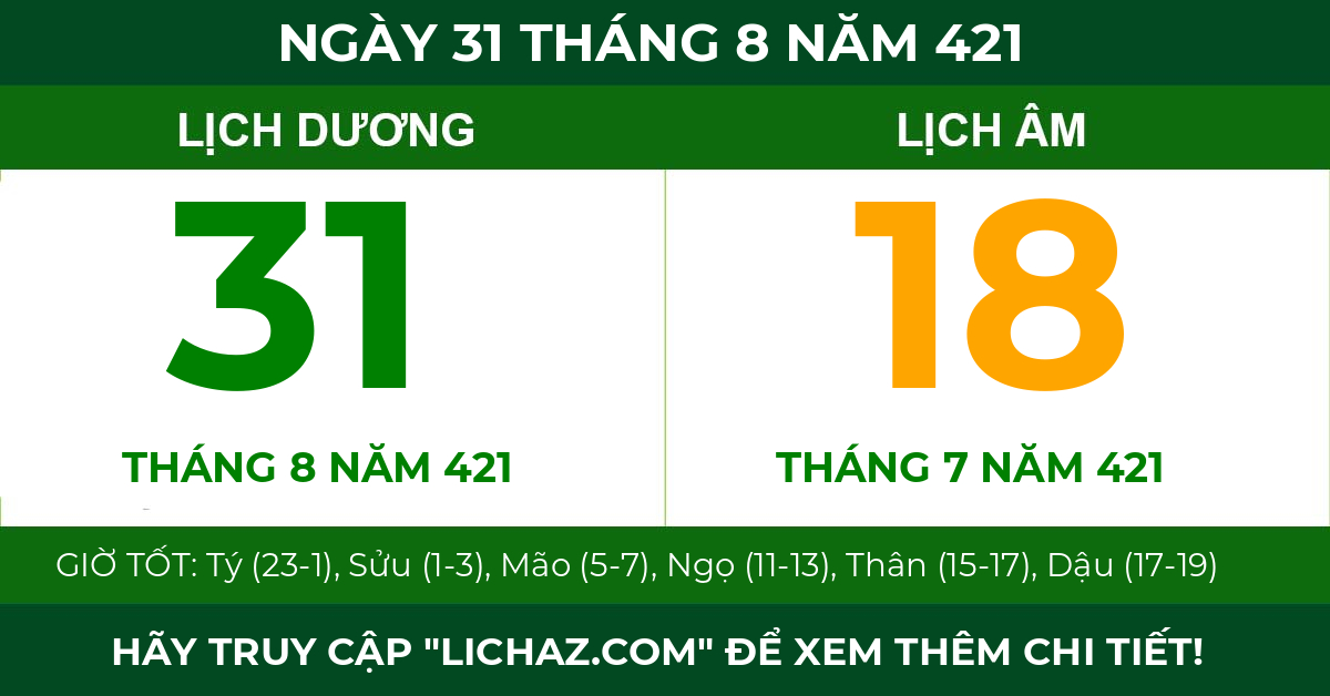lịch âm ngày 31 tháng 8 năm 421