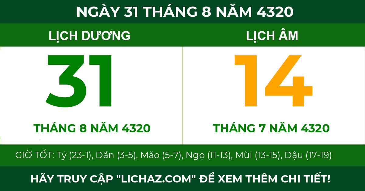 lịch âm ngày 31 tháng 8 năm 4320