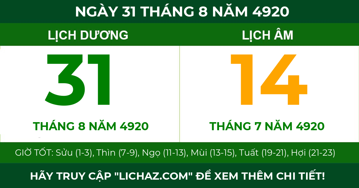lịch âm ngày 31 tháng 8 năm 4920