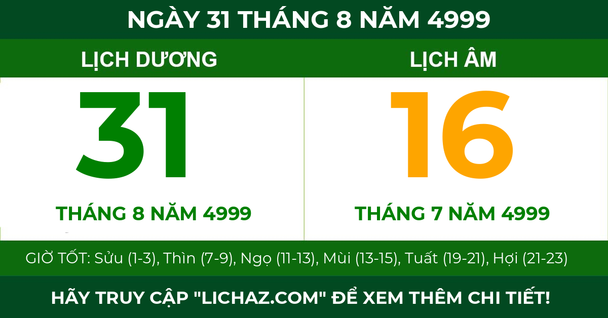 lịch âm ngày 31 tháng 8 năm 4999