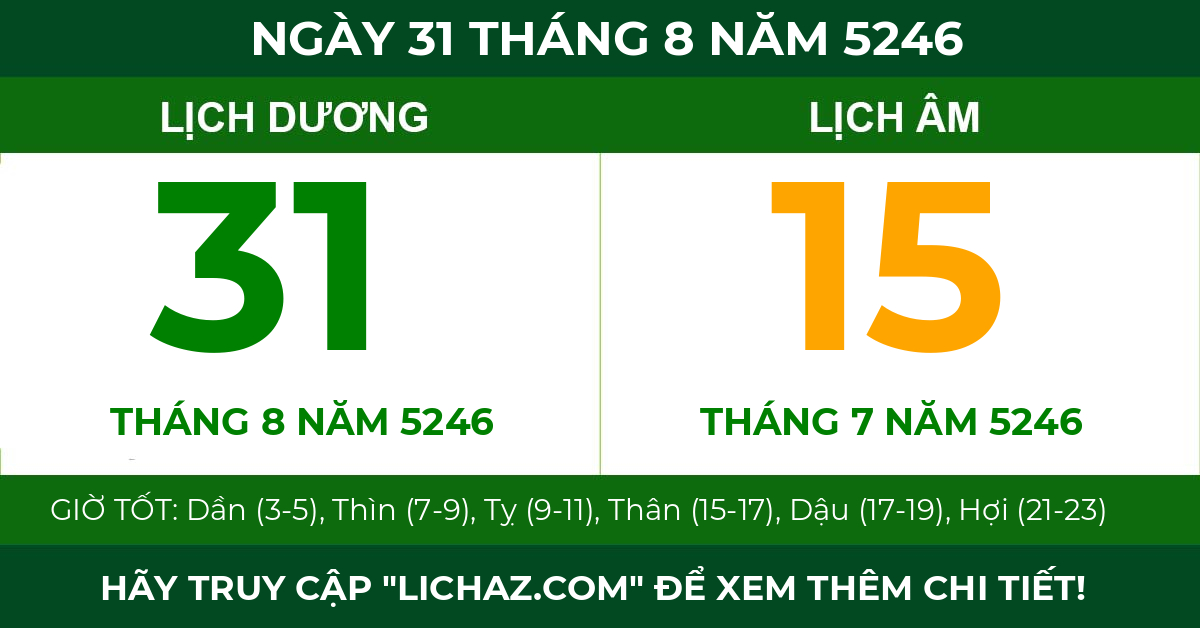 lịch âm ngày 31 tháng 8 năm 5246