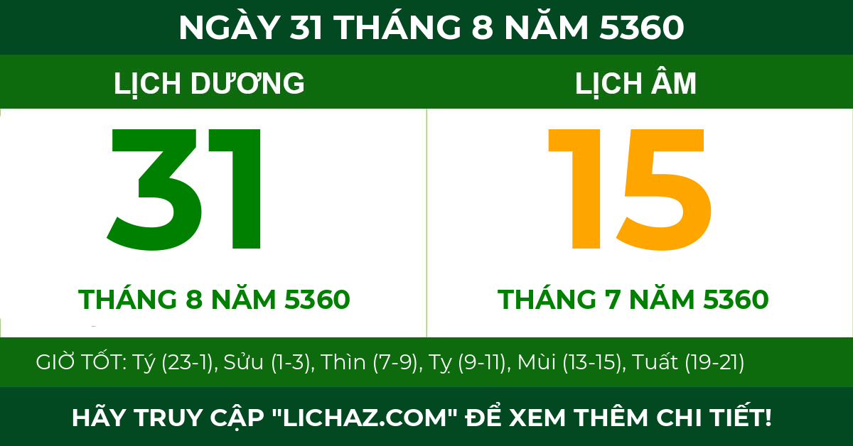 lịch âm ngày 31 tháng 8 năm 5360