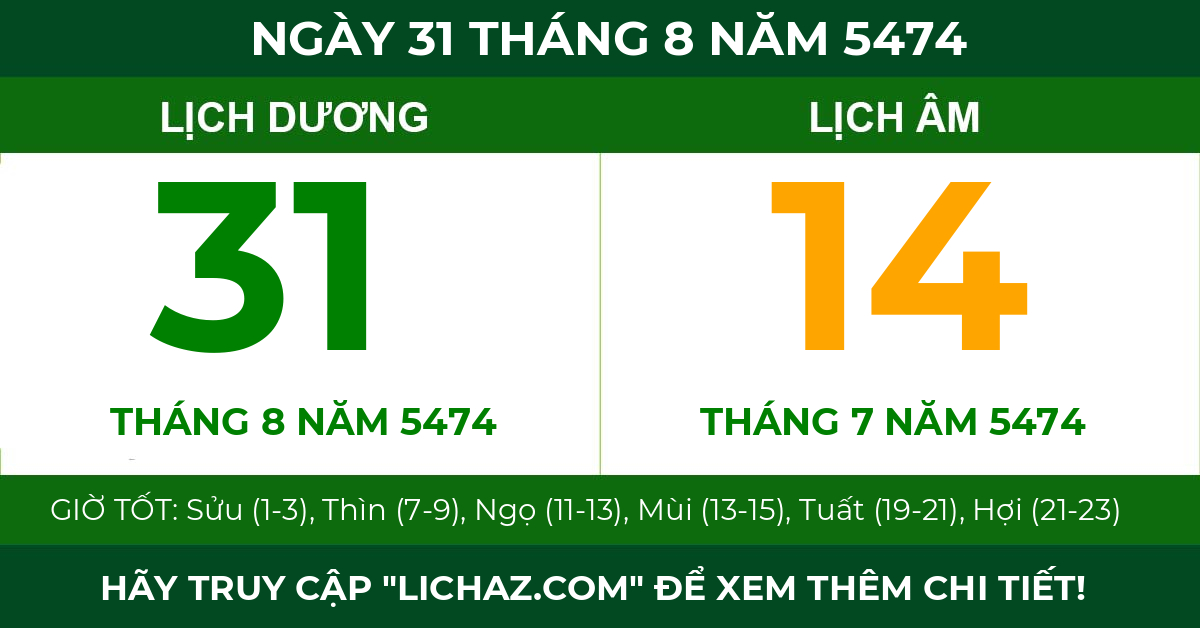lịch âm ngày 31 tháng 8 năm 5474