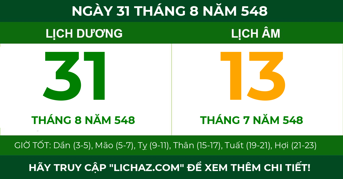 lịch âm ngày 31 tháng 8 năm 548
