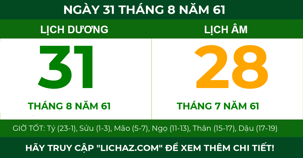 lịch âm ngày 31 tháng 8 năm 61