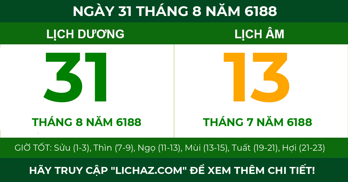 lịch âm ngày 31 tháng 8 năm 6188