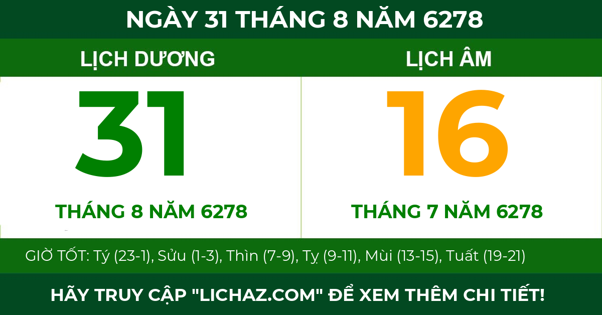 lịch âm ngày 31 tháng 8 năm 6278