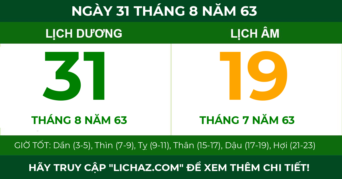 lịch âm ngày 31 tháng 8 năm 63