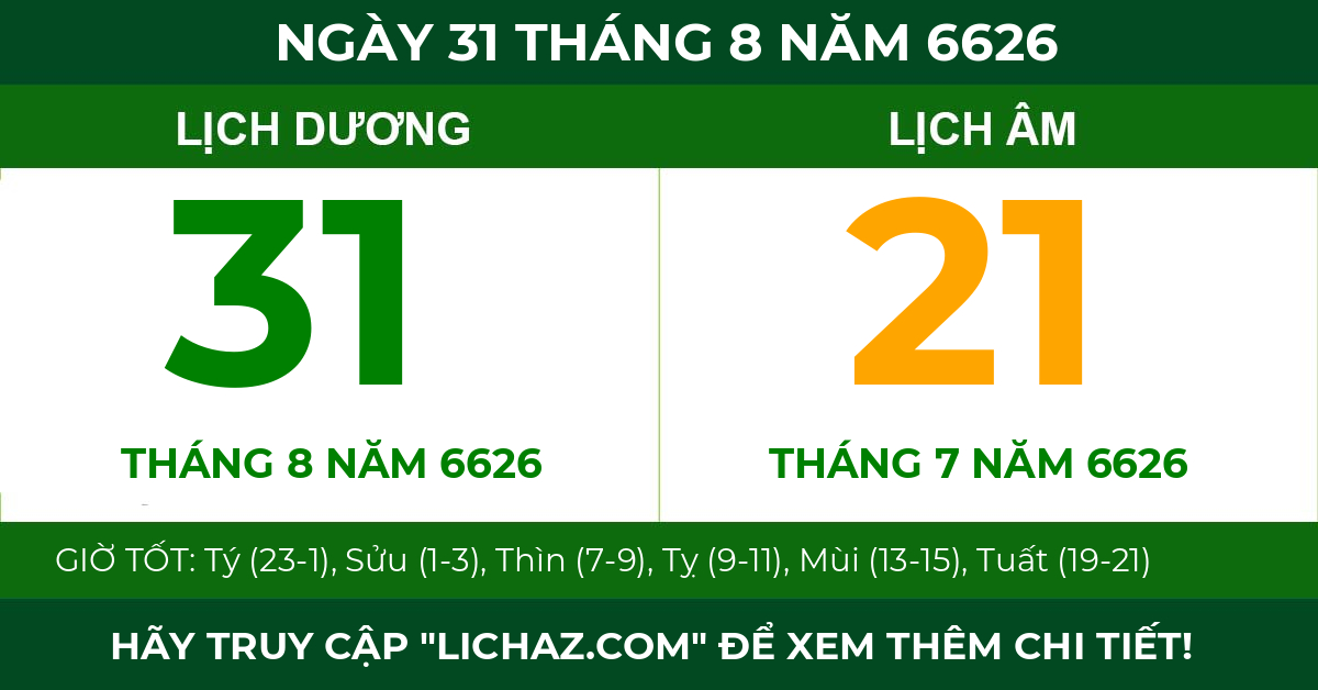 lịch âm ngày 31 tháng 8 năm 6626