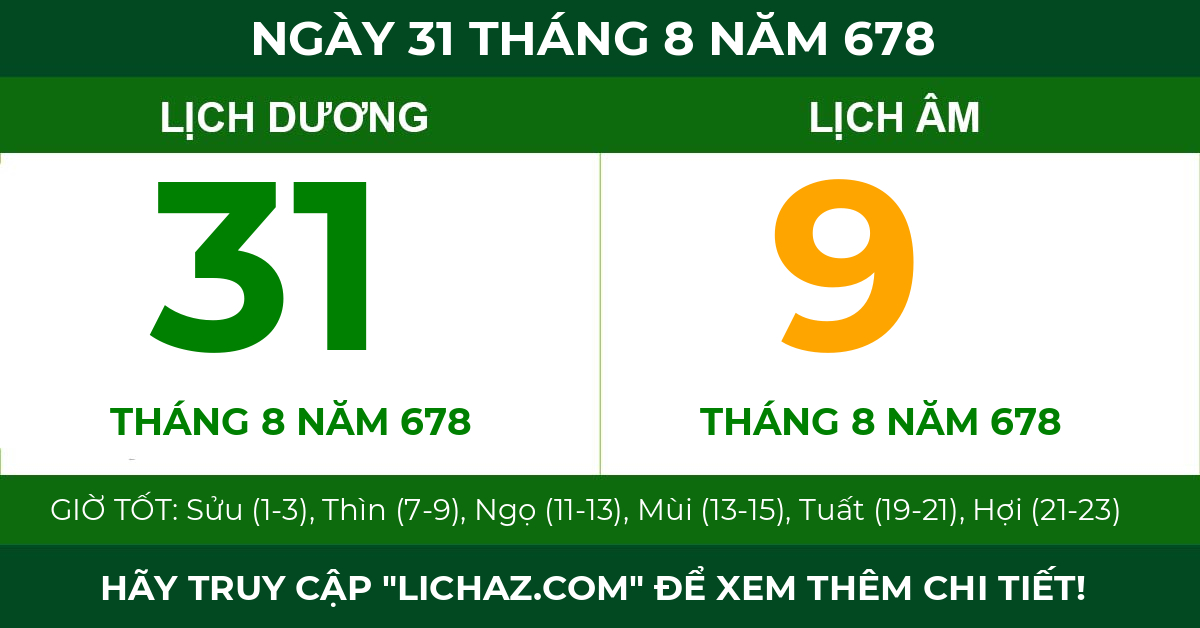 lịch âm ngày 31 tháng 8 năm 678