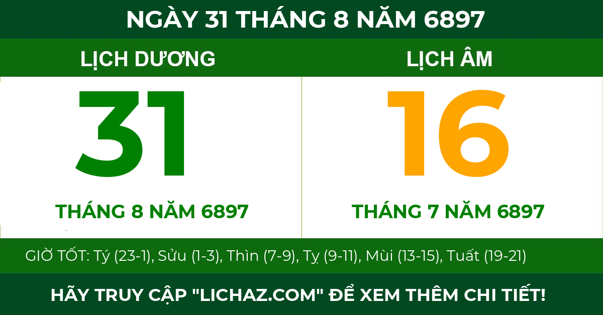 lịch âm ngày 31 tháng 8 năm 6897