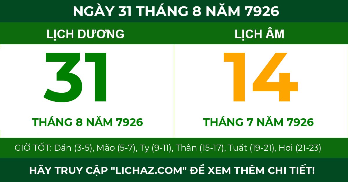 lịch âm ngày 31 tháng 8 năm 7926