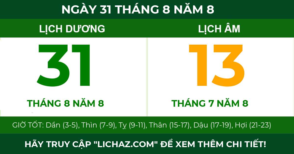 lịch âm ngày 31 tháng 8 năm 8