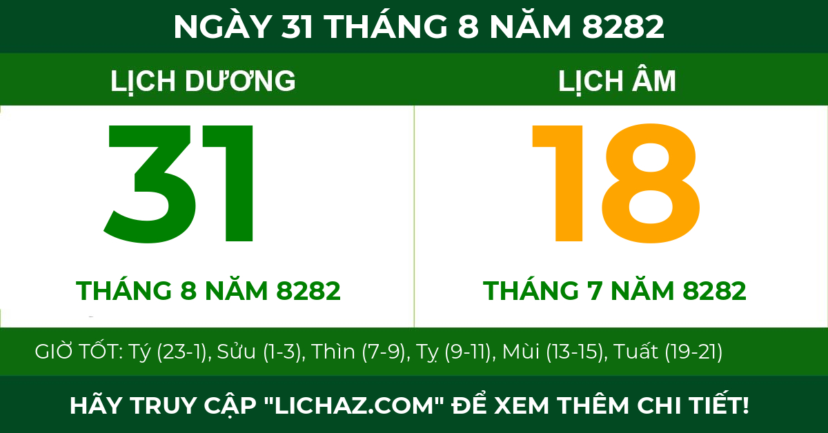 lịch âm ngày 31 tháng 8 năm 8282
