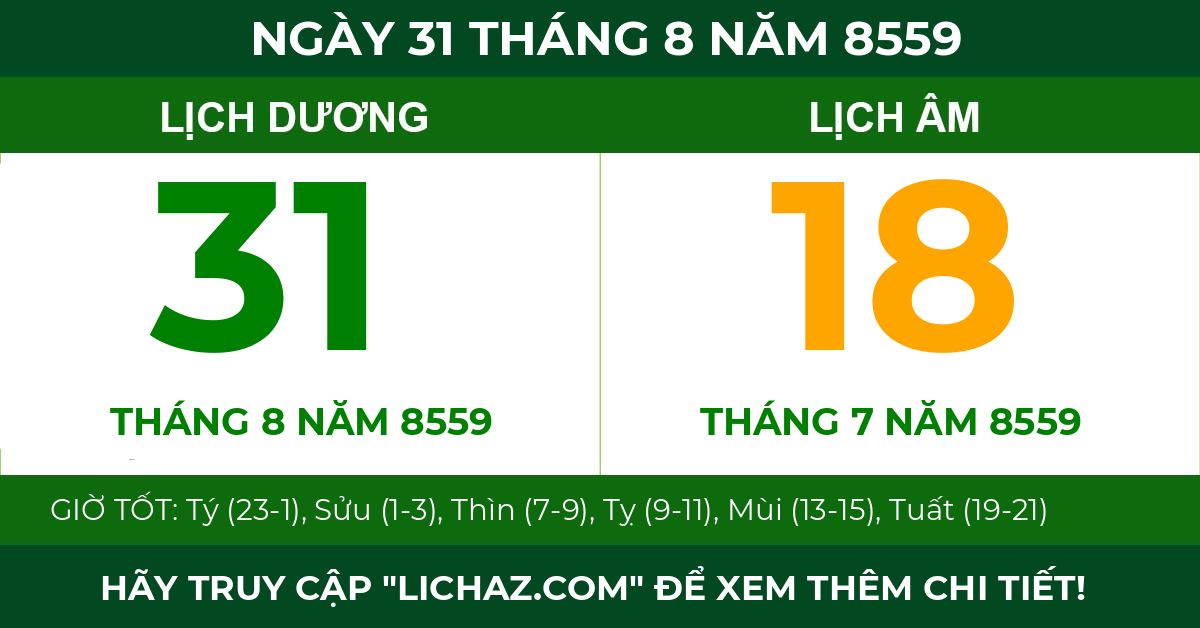 lịch âm ngày 31 tháng 8 năm 8559