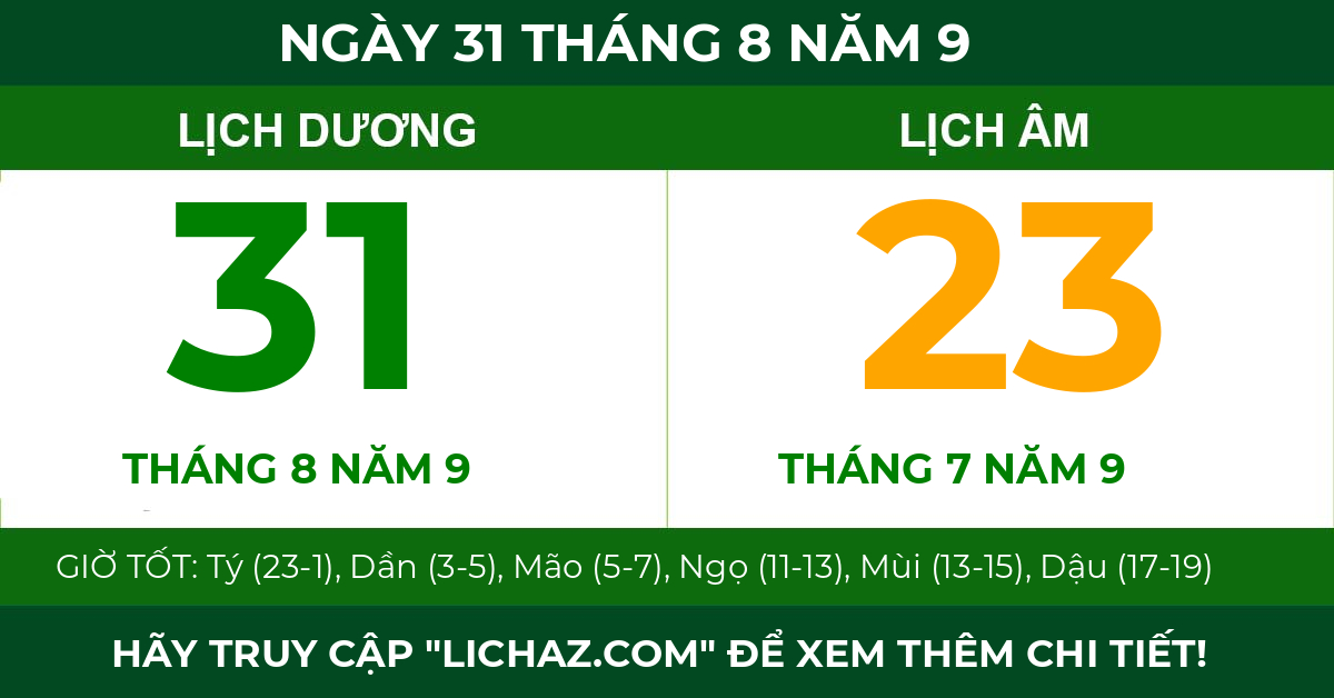 lịch âm ngày 31 tháng 8 năm 9