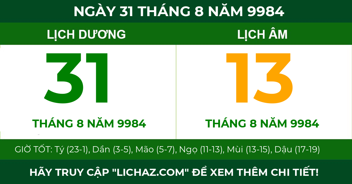 lịch âm ngày 31 tháng 8 năm 9984