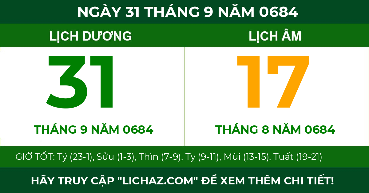 lịch âm ngày 31 tháng 9 năm 0684