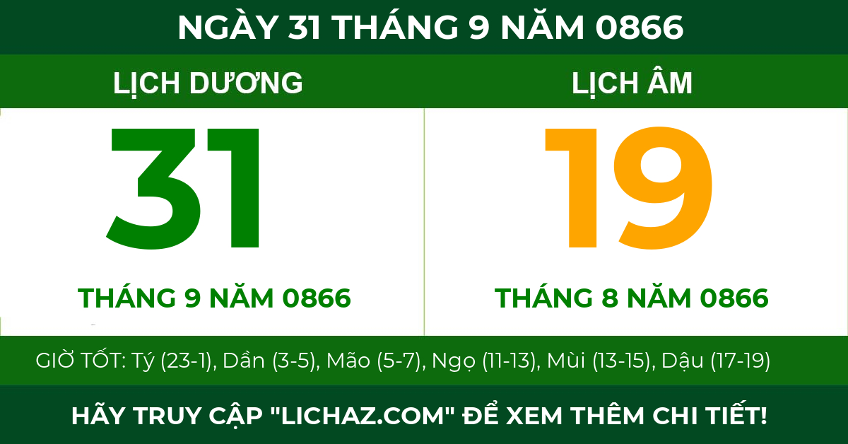 lịch âm ngày 31 tháng 9 năm 0866