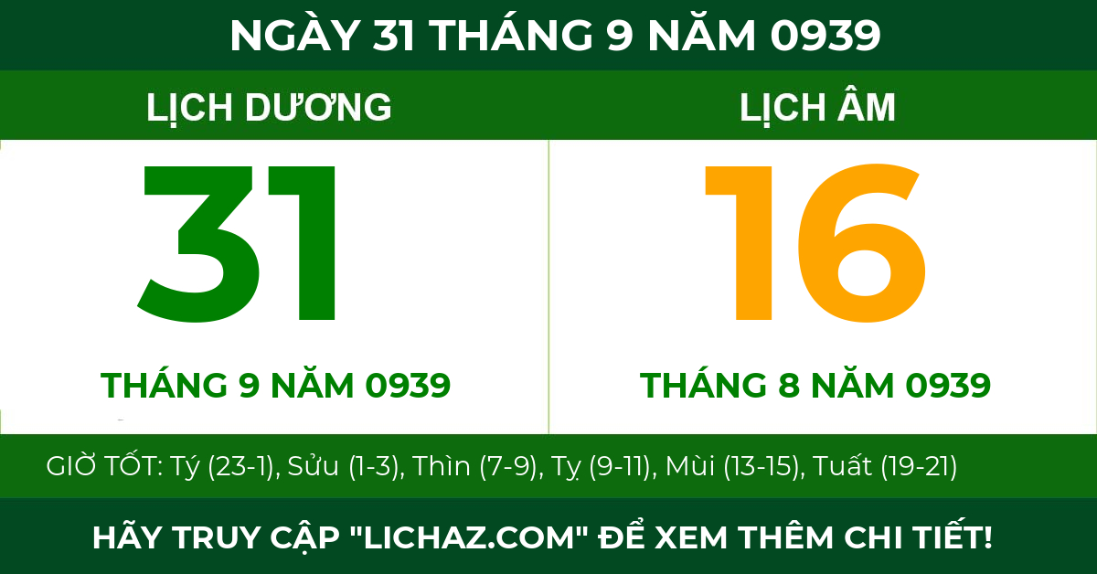 lịch âm ngày 31 tháng 9 năm 0939