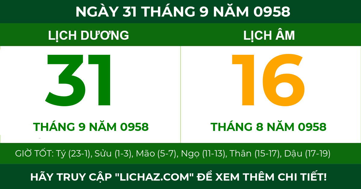 lịch âm ngày 31 tháng 9 năm 0958