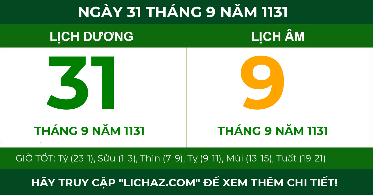 lịch âm ngày 31 tháng 9 năm 1131