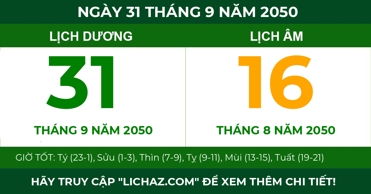 lịch âm ngày 31 tháng 9 năm 2050