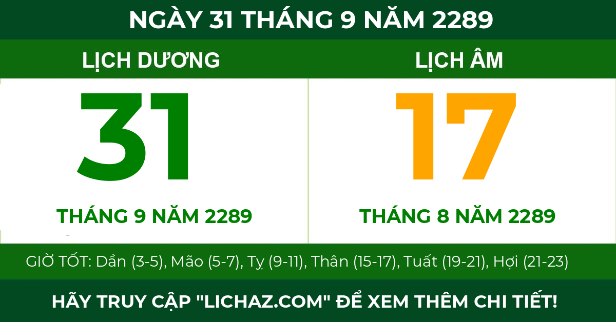 lịch âm ngày 31 tháng 9 năm 2289