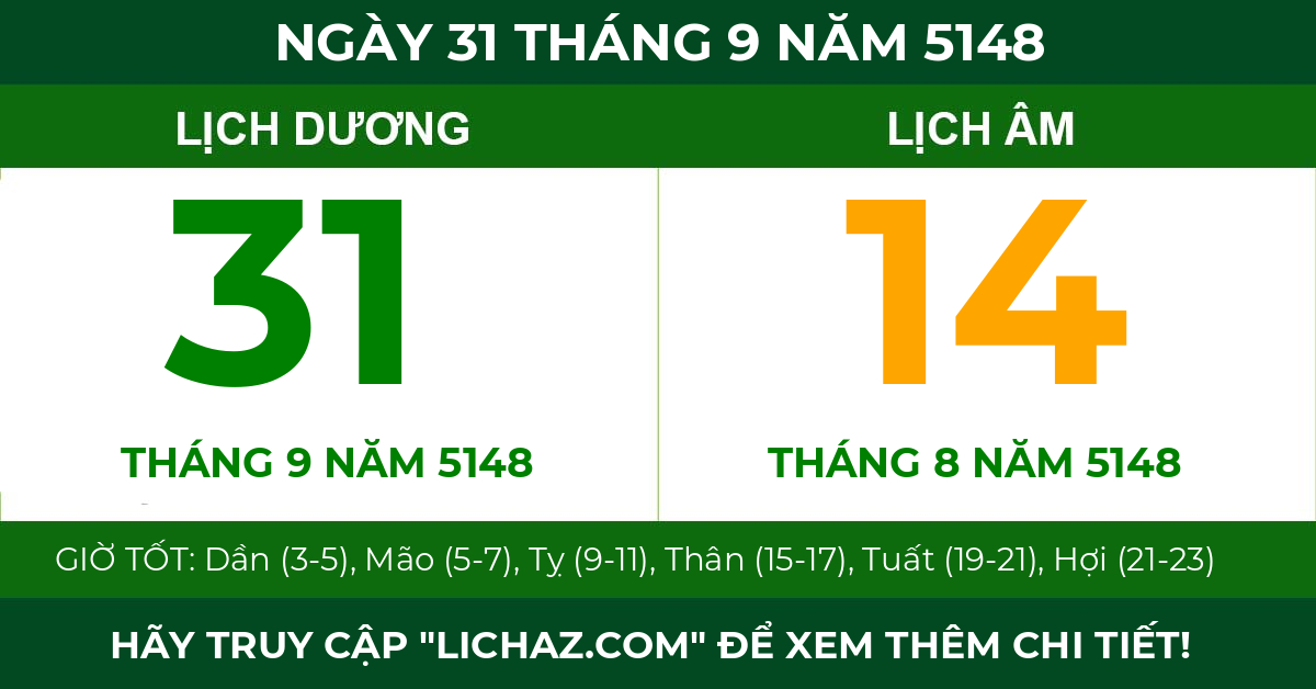 lịch âm ngày 31 tháng 9 năm 5148