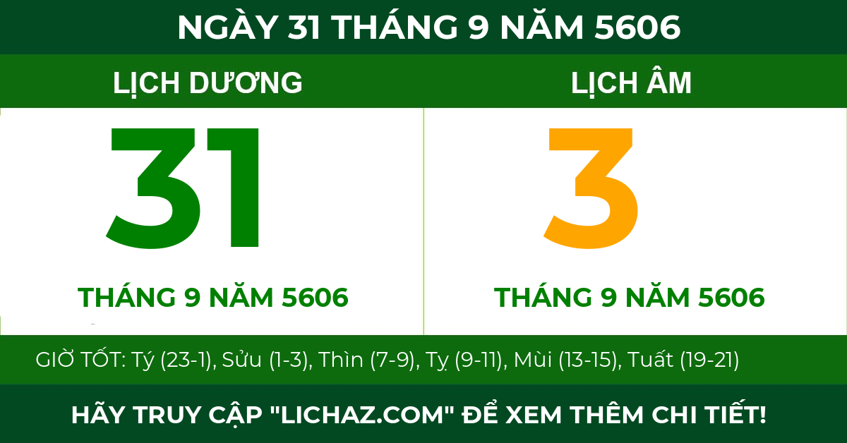 lịch âm ngày 31 tháng 9 năm 5606