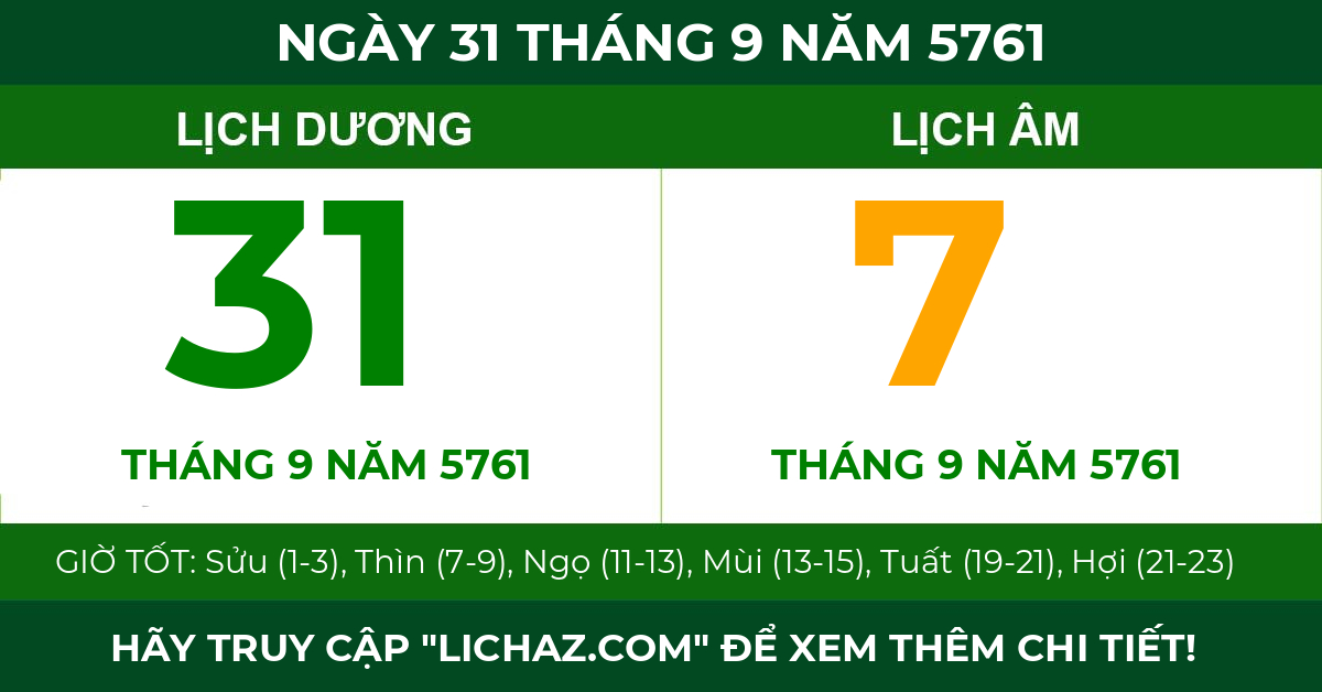 lịch âm ngày 31 tháng 9 năm 5761