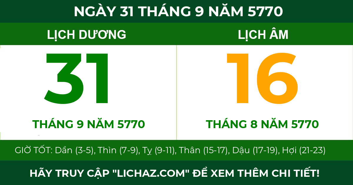 lịch âm ngày 31 tháng 9 năm 5770