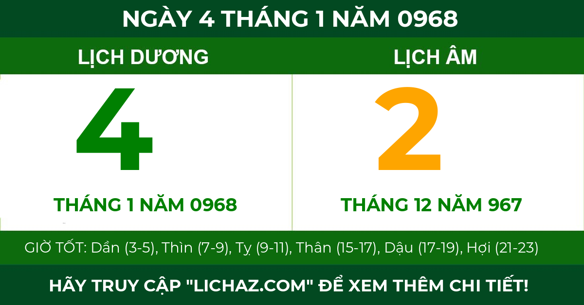 lịch âm ngày 4 tháng 1 năm 0968