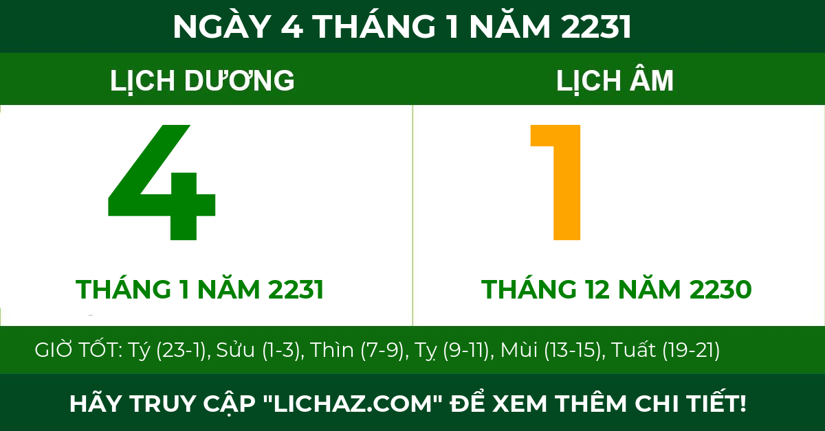 lịch âm ngày 4 tháng 1 năm 2231