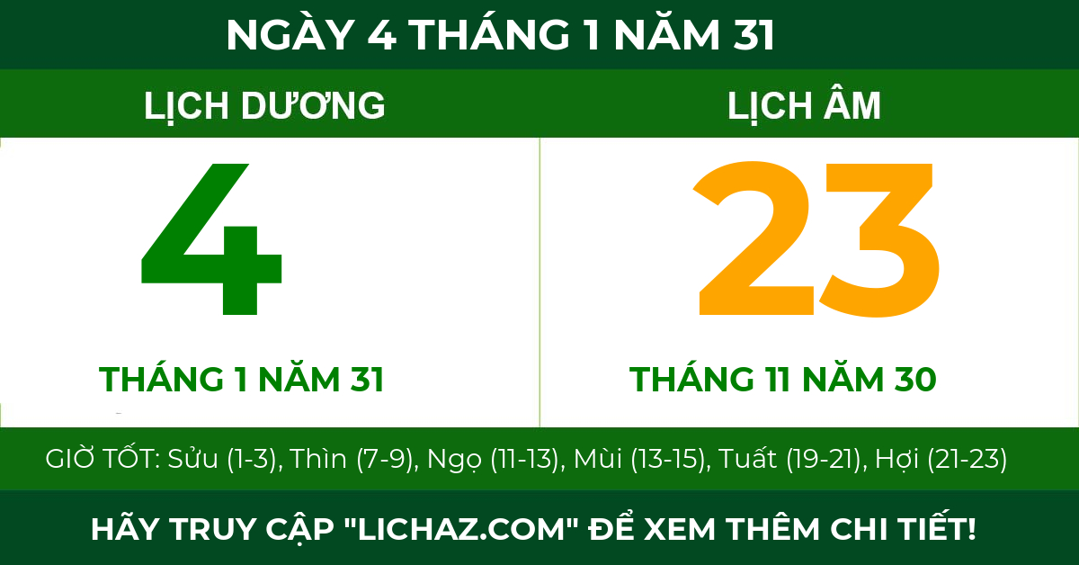 lịch âm ngày 4 tháng 1 năm 31