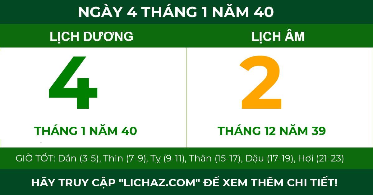 lịch âm ngày 4 tháng 1 năm 40