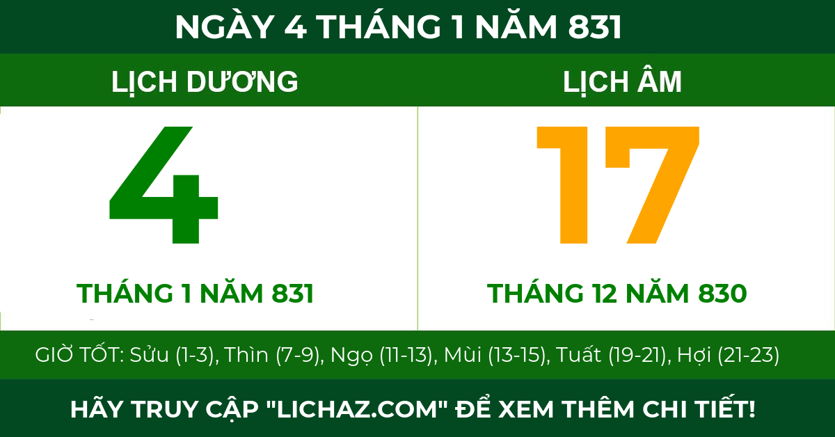 lịch âm ngày 4 tháng 1 năm 831