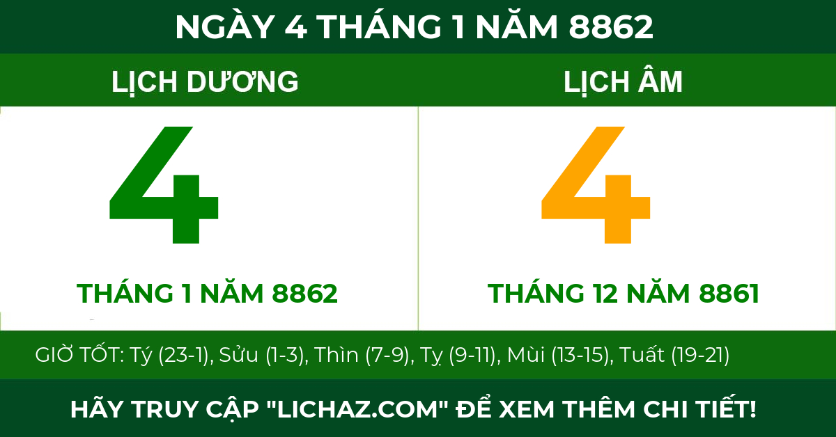 lịch âm ngày 4 tháng 1 năm 8862
