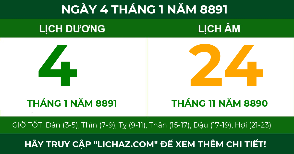 lịch âm ngày 4 tháng 1 năm 8891