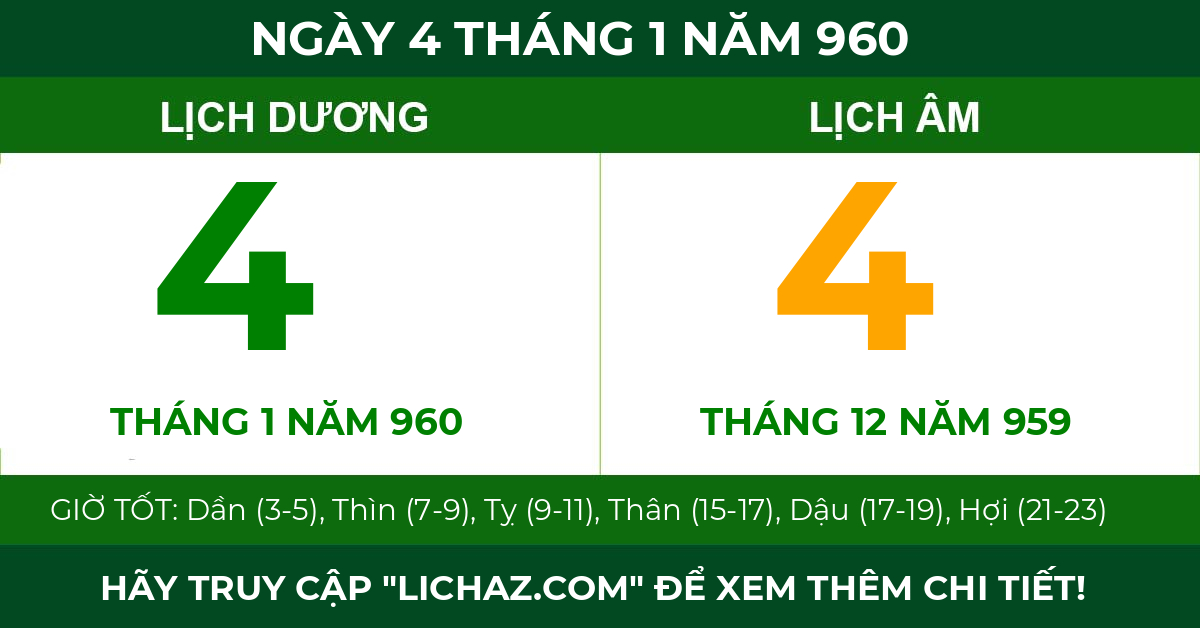 lịch âm ngày 4 tháng 1 năm 960