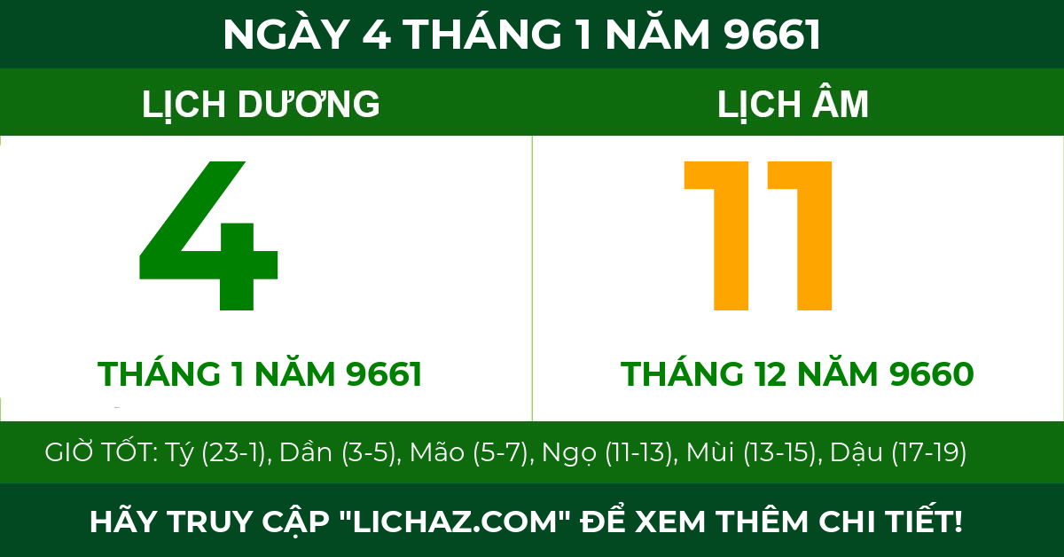lịch âm ngày 4 tháng 1 năm 9661