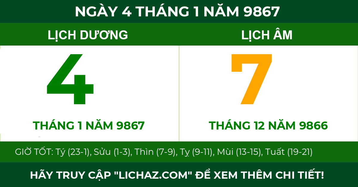 lịch âm ngày 4 tháng 1 năm 9867
