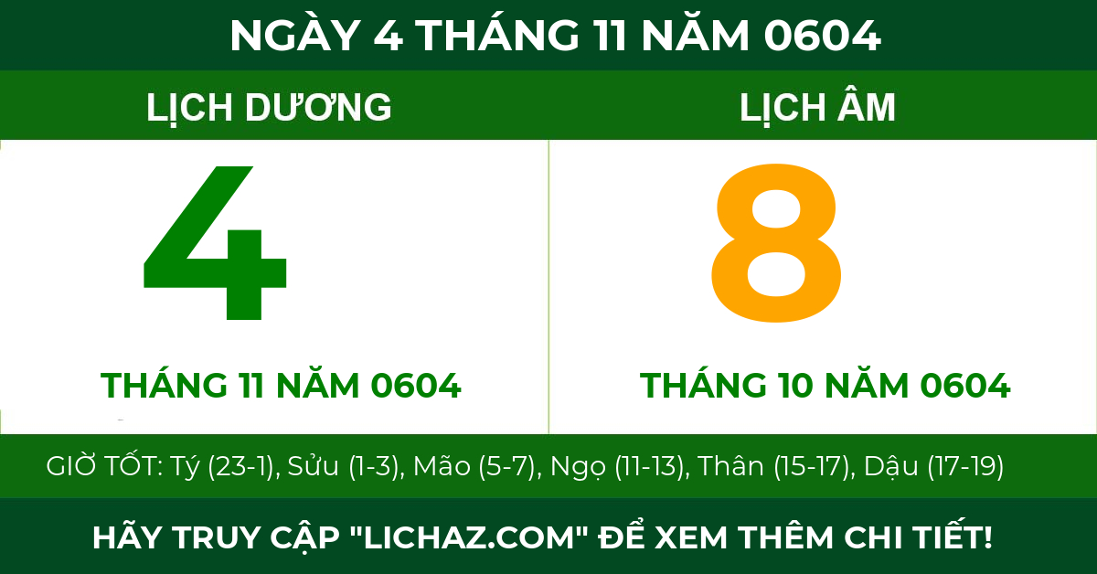 lịch âm ngày 4 tháng 11 năm 0604